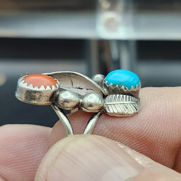 VTG Old Pawn Sterling Silver Turquoise Coral Ring SZ 5.5 Handmade Southwestern - Picture 5 of 9